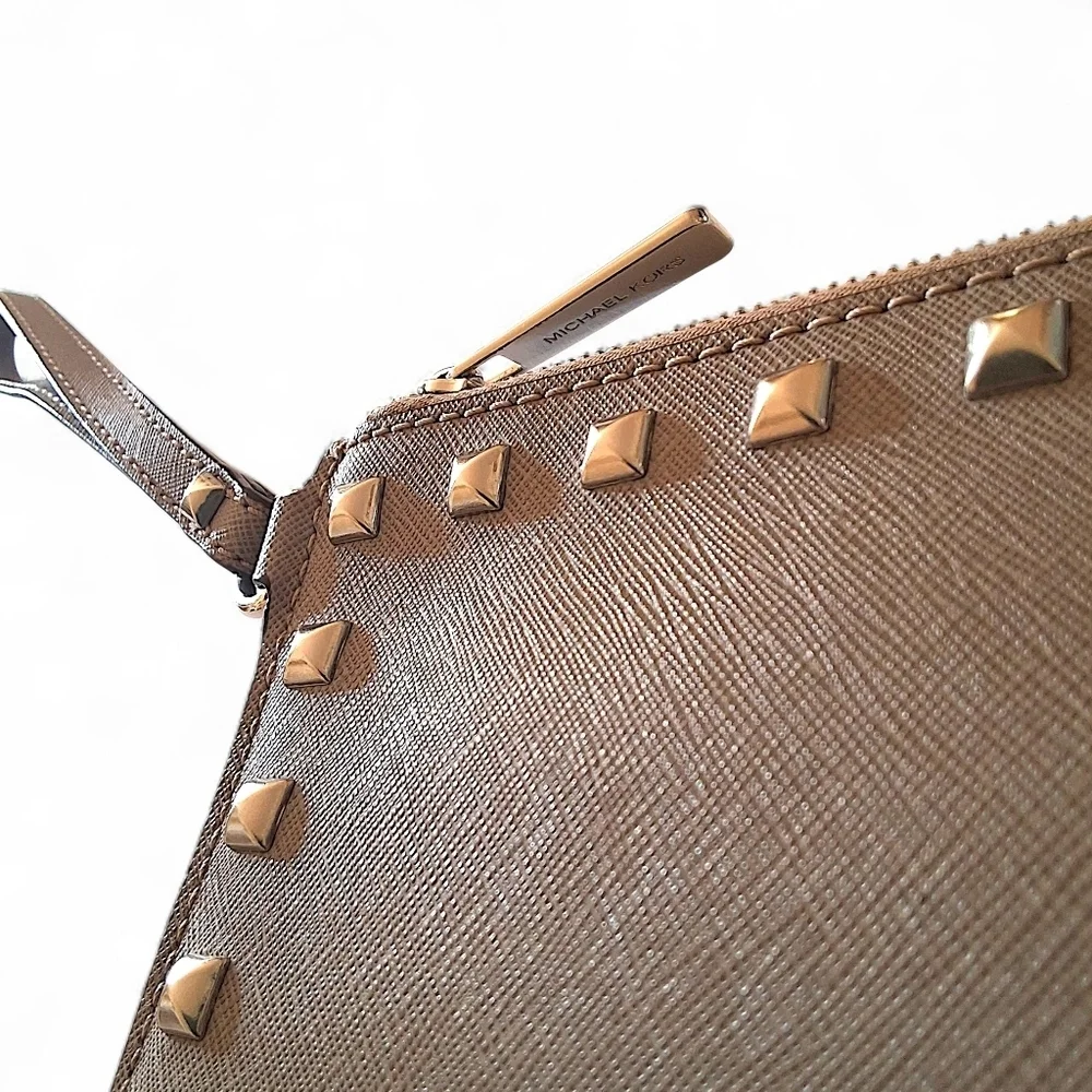 Michael Kors Jet Set Travel Studded Large Saffiano Leather Wristlet – Taupe Gray